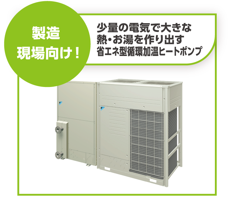 製造現場向け！　少量の電気で大きな熱・お湯を作り出す省エネ型循環加温ヒートポンプ